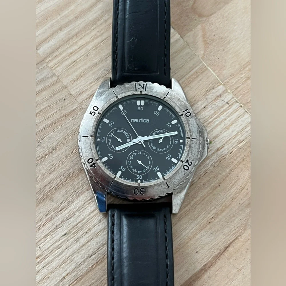 Nautica Vintage Chronograph Style Men’s Watch Black Dial Black Leather Strap